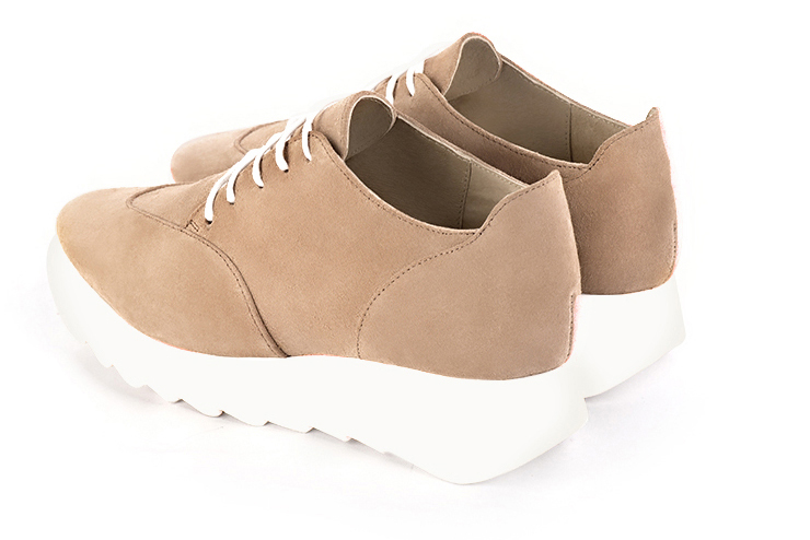 Biscuit beige women's casual lace-up shoes. Square toe. Low rubber soles. Rear view - Florence KOOIJMAN